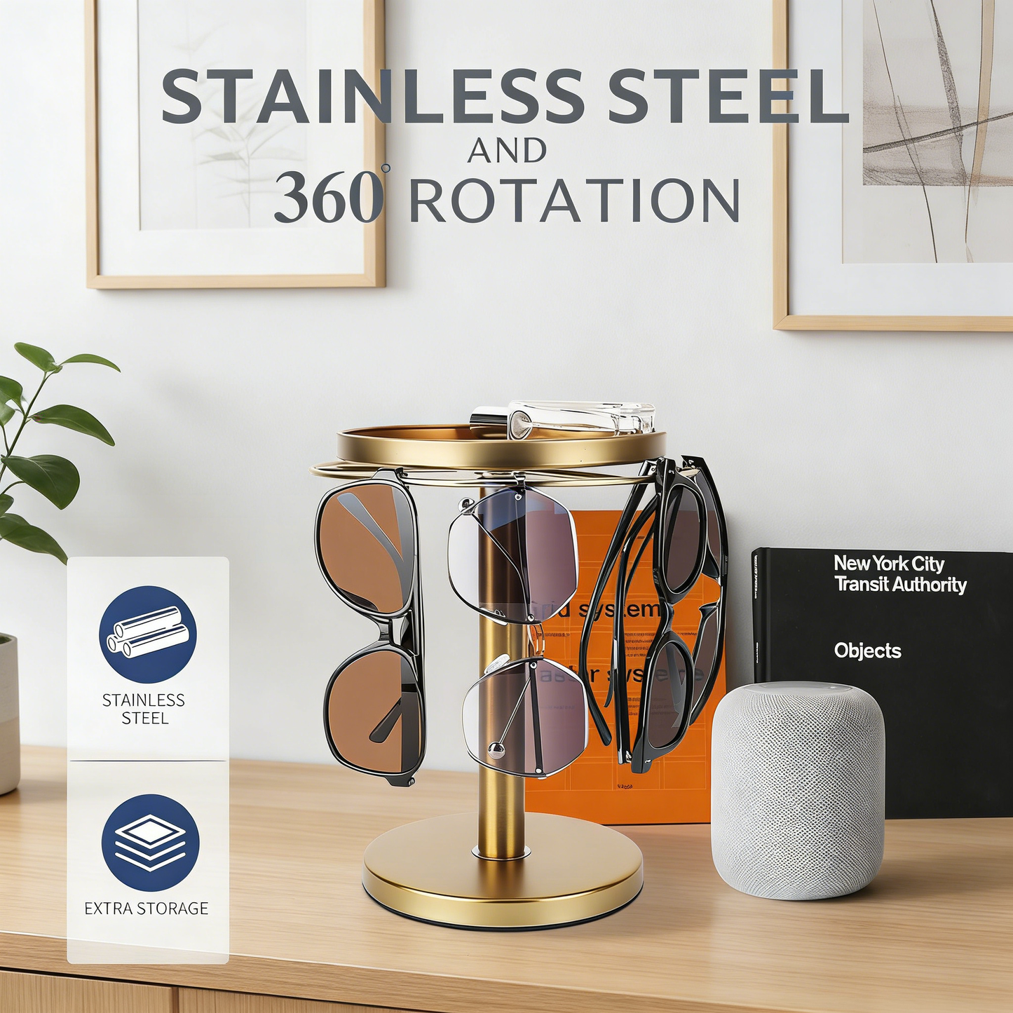 360° Rotating Sunglasses Organizer with Jewelry Tray – Gold Metal Eyeglasses Storage Stand