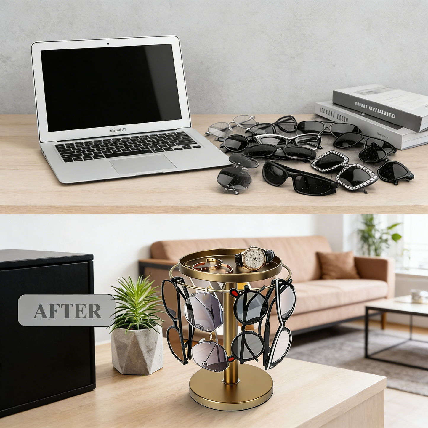 360° Rotating Sunglasses Organizer with Jewelry Tray – Gold Metal Eyeglasses Storage Stand