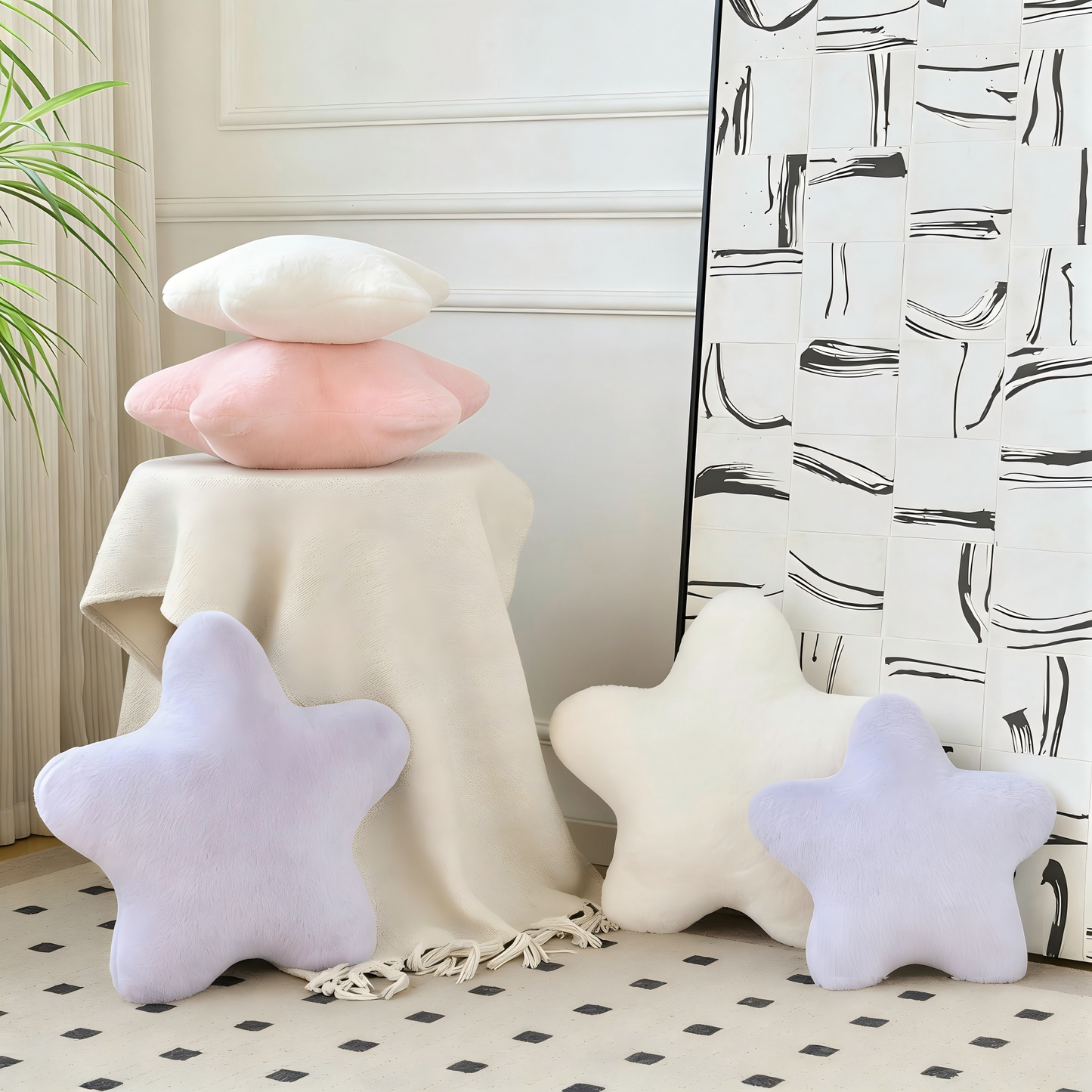 Star Shaped Fuzzy Plush Pillow – Soft Fluffy Throw Pillow for Sofa, Bed & Kids’ Room Decor