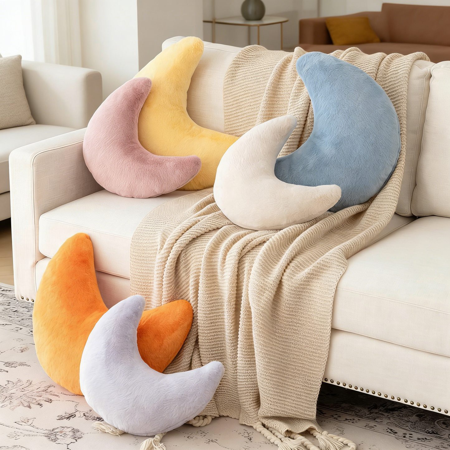 Moon Shaped Fuzzy Plush Pillow – Soft Fluffy Crescent Throw Pillow for Sofa, Bed & Nursery Decor