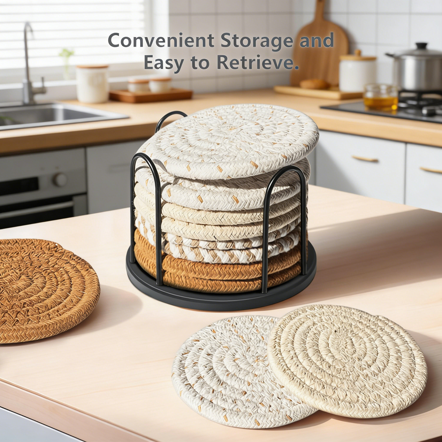 Cotton Woven Drink Coasters Set with Metal Holder – 4.3 Inch Absorbent Coasters for Coffee Table