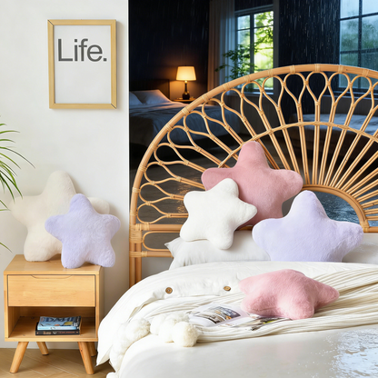 Star Shaped Fuzzy Plush Pillow – Soft Fluffy Throw Pillow for Sofa, Bed & Kids’ Room Decor