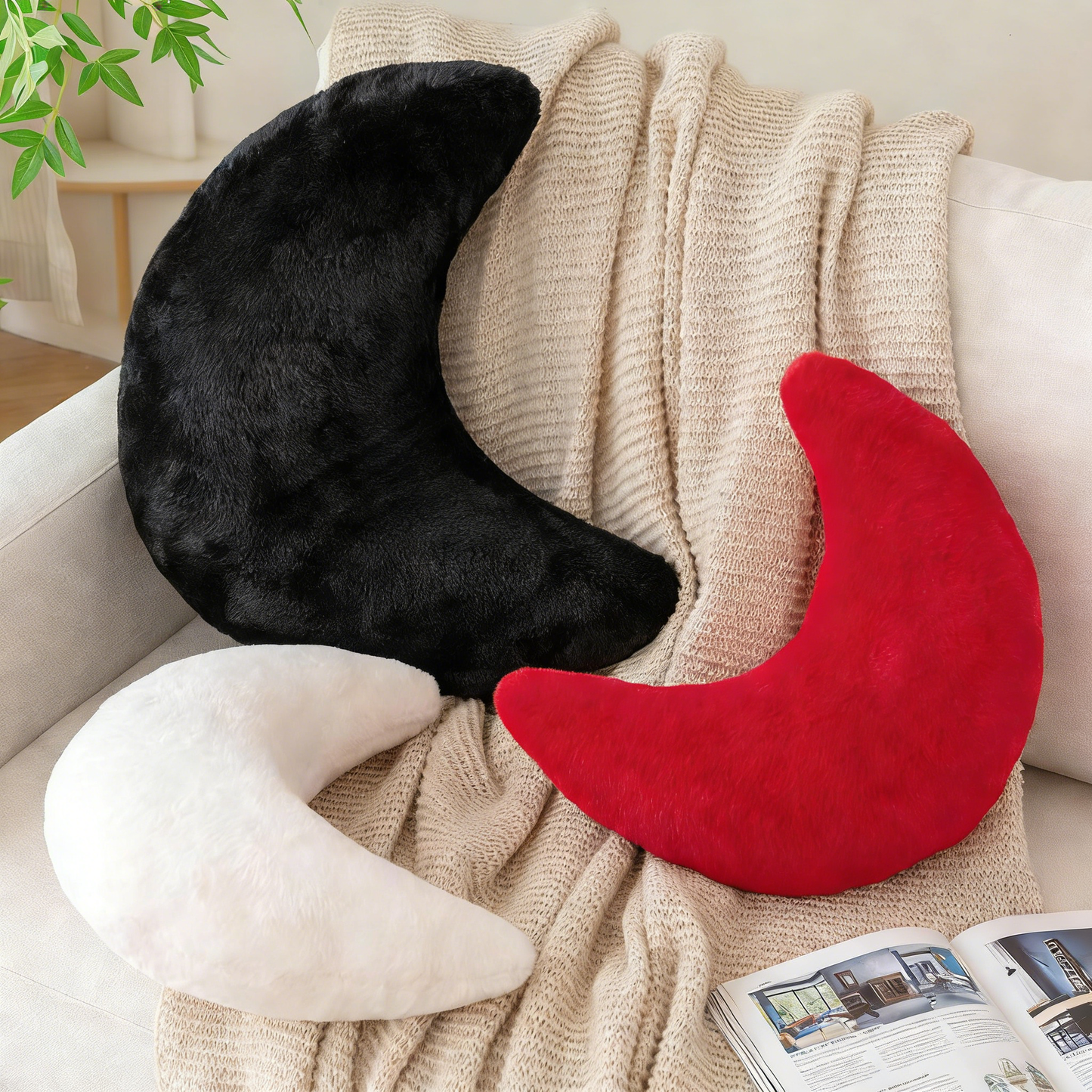 Moon Shaped Fuzzy Plush Pillow – Soft Fluffy Crescent Throw Pillow for Sofa, Bed & Nursery Decor