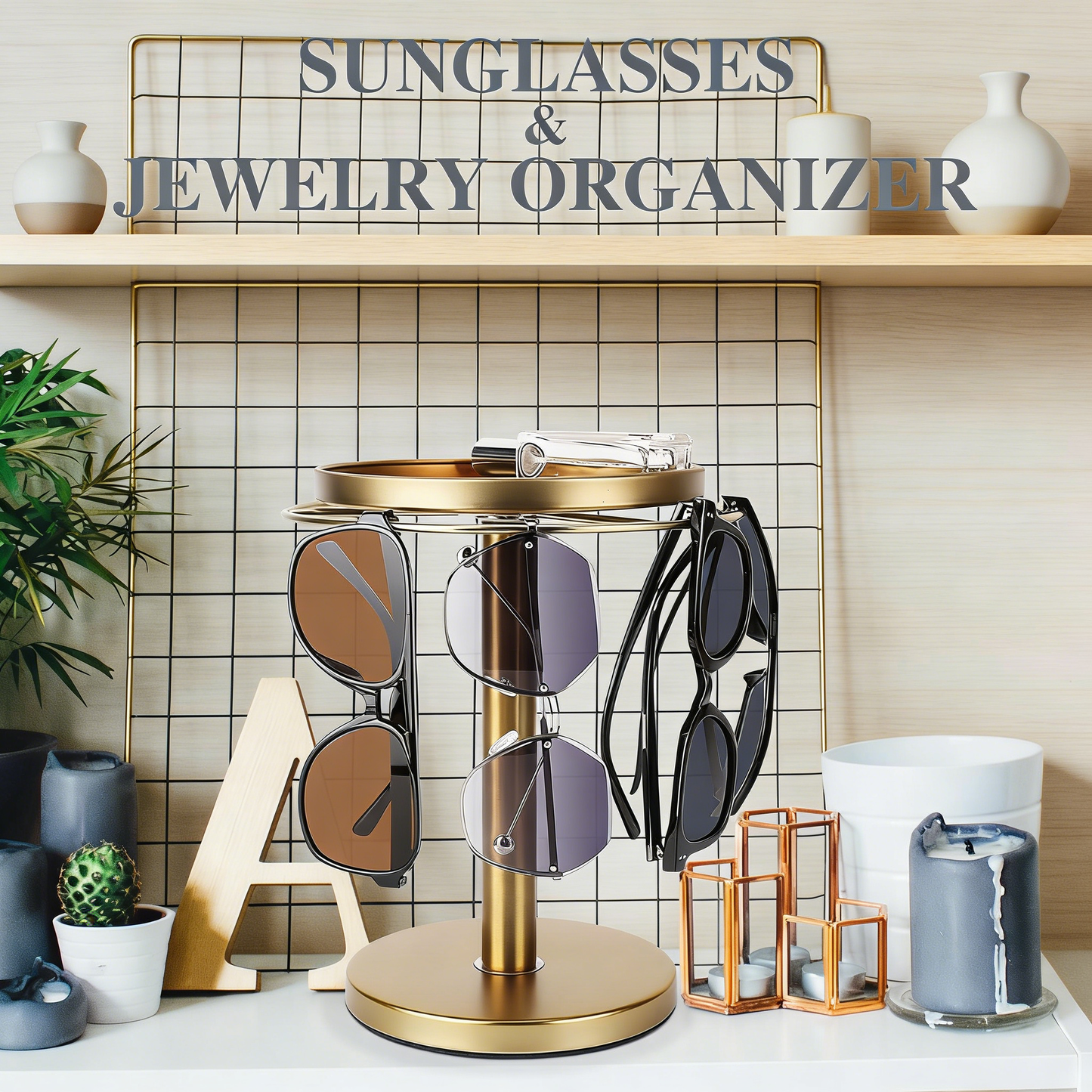 360° Rotating Sunglasses Organizer with Jewelry Tray – Gold Metal Eyeglasses Storage Stand