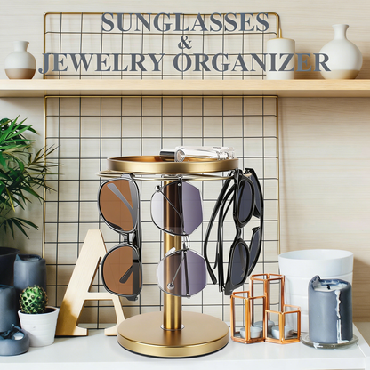 360° Rotating Sunglasses Organizer with Jewelry Tray – Gold Metal Eyeglasses Storage Stand