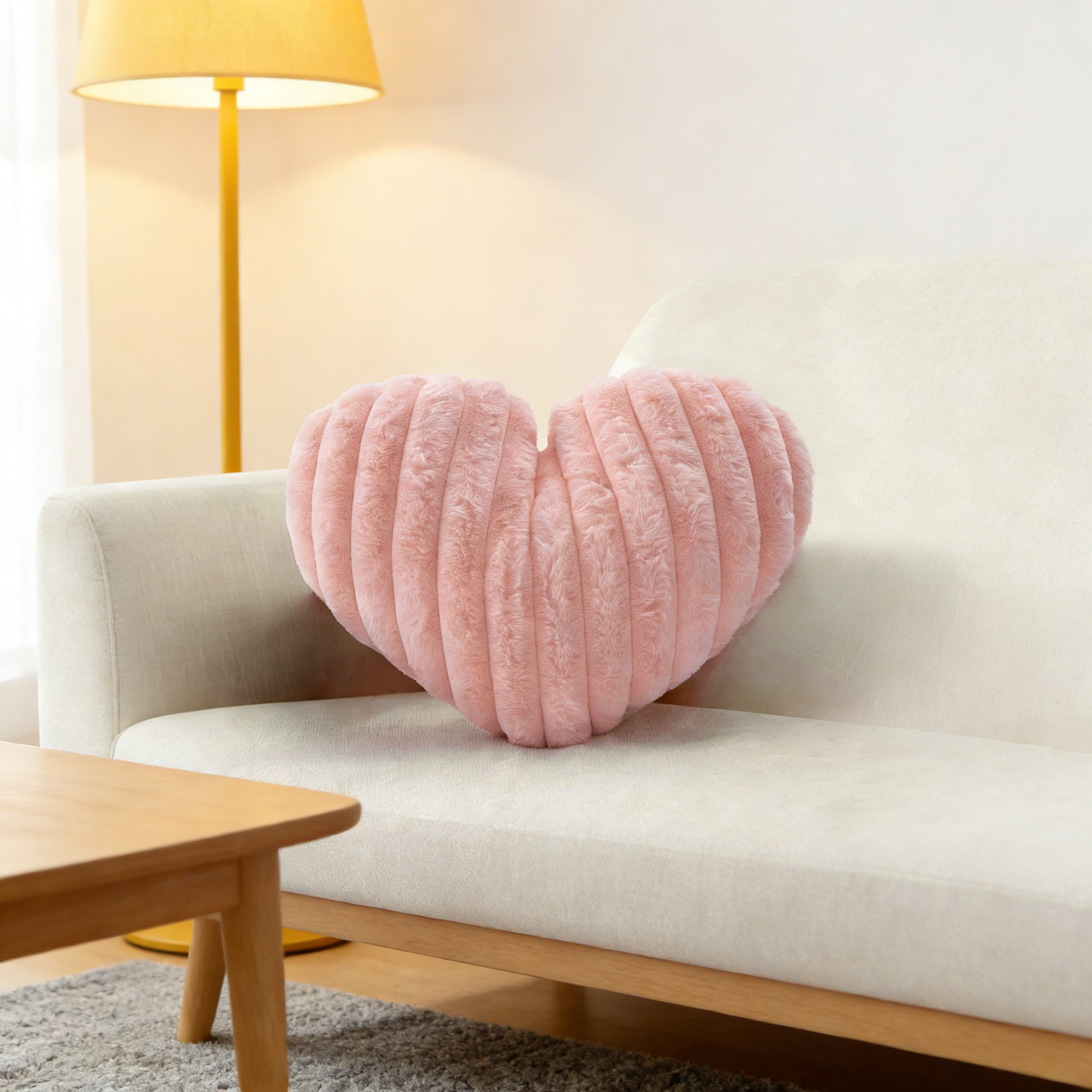 Heart Shaped Ribbed Plush Pillow – Fluffy Fuzzy Throw Pillow for Sofa, Bed & Valentine's Decor