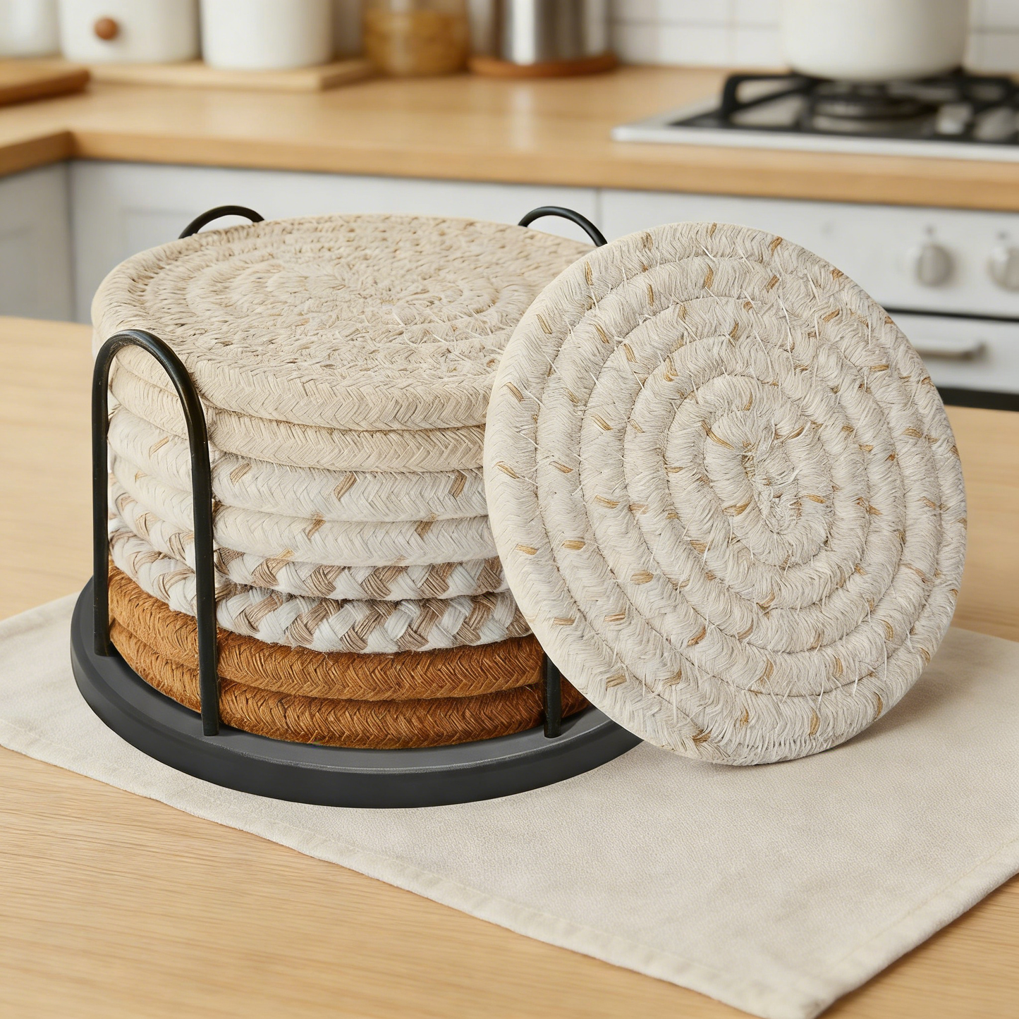 Cotton Woven Drink Coasters Set with Metal Holder – 4.3 Inch Absorbent Coasters for Coffee Table