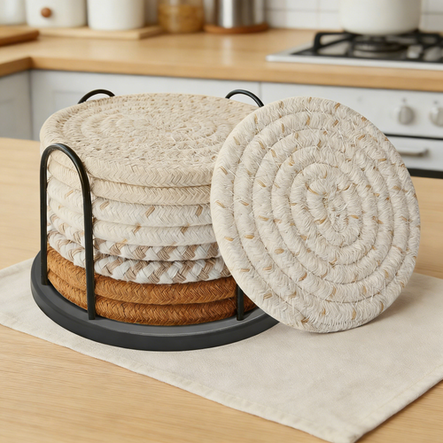 Cotton Woven Drink Coasters Set with Metal Holder – 4.3 Inch Absorbent Coasters for Coffee Table