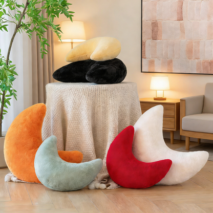 Moon Shaped Fuzzy Plush Pillow – Soft Fluffy Crescent Throw Pillow for Sofa, Bed & Nursery Decor