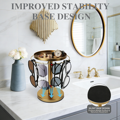 360° Rotating Sunglasses Organizer with Jewelry Tray – Gold Metal Eyeglasses Storage Stand