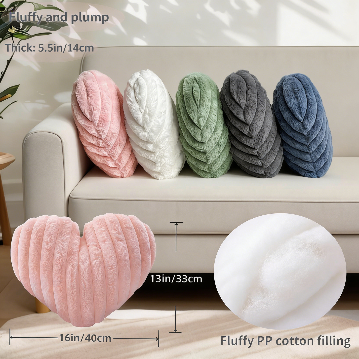 Heart Shaped Ribbed Plush Pillow – Fluffy Fuzzy Throw Pillow for Sofa, Bed & Valentine's Decor