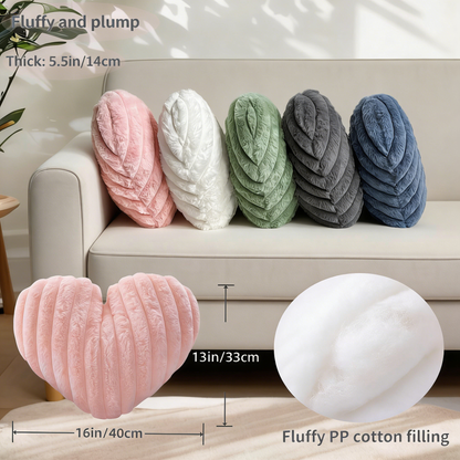 Heart Shaped Ribbed Plush Pillow – Fluffy Fuzzy Throw Pillow for Sofa, Bed & Valentine's Decor