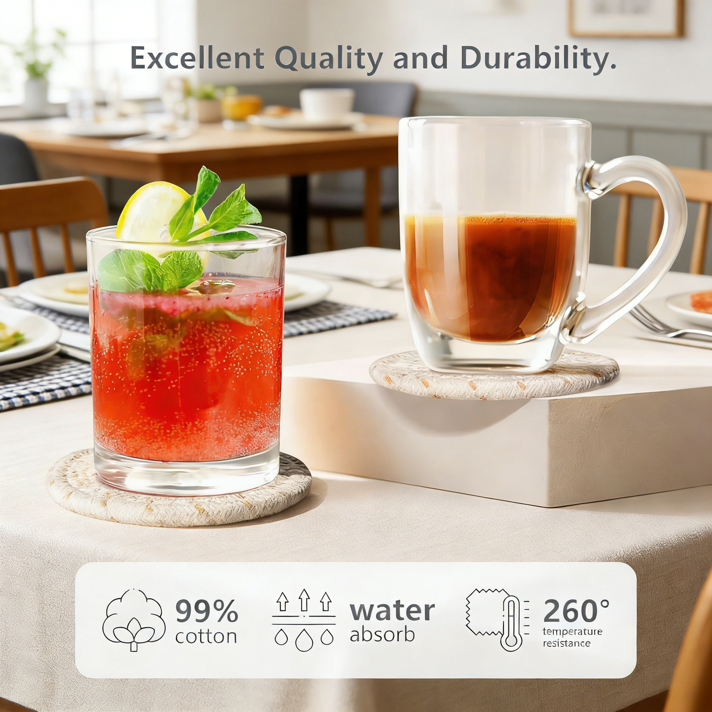 Cotton Woven Drink Coasters Set with Metal Holder – 4.3 Inch Absorbent Coasters for Coffee Table