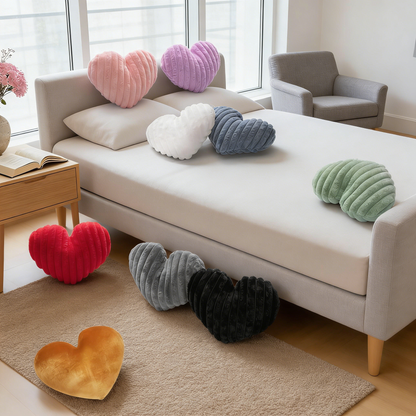 Heart Shaped Ribbed Plush Pillow – Fluffy Fuzzy Throw Pillow for Sofa, Bed & Valentine's Decor