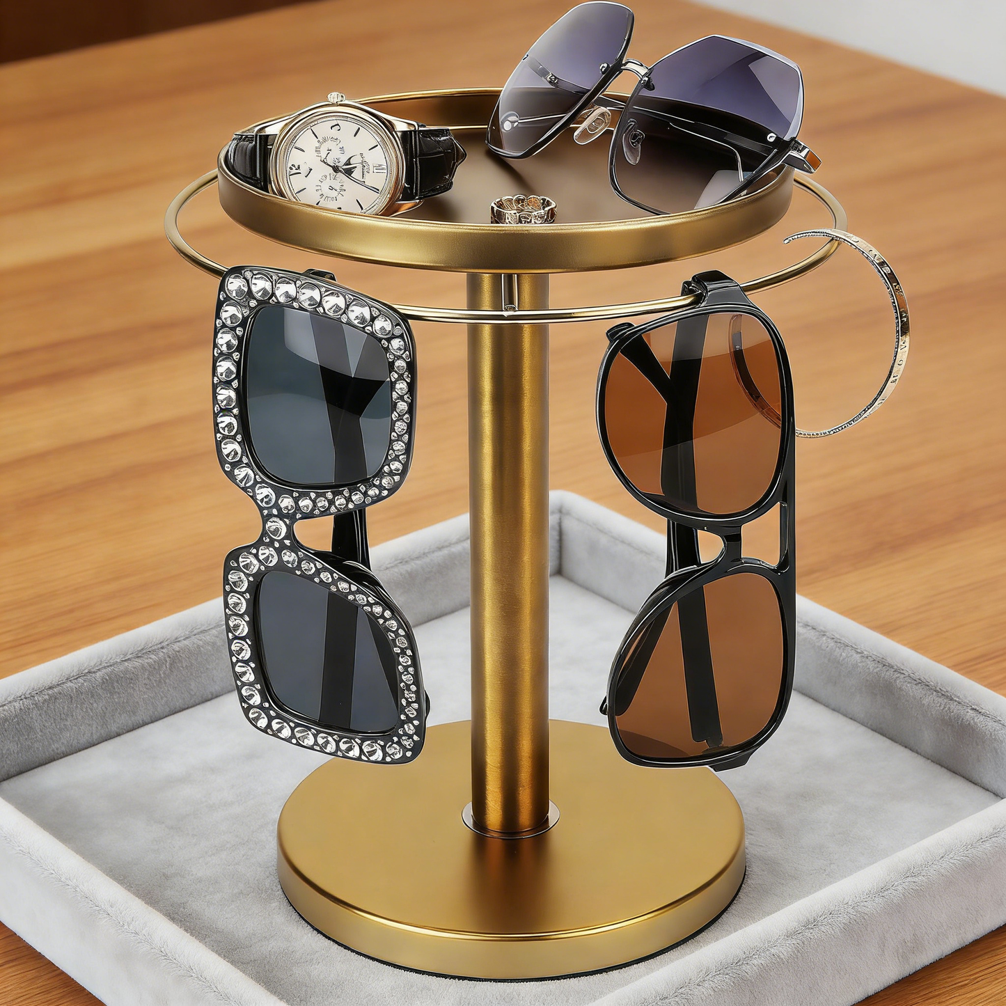 360° Rotating Sunglasses Organizer with Jewelry Tray – Gold Metal Eyeglasses Storage Stand