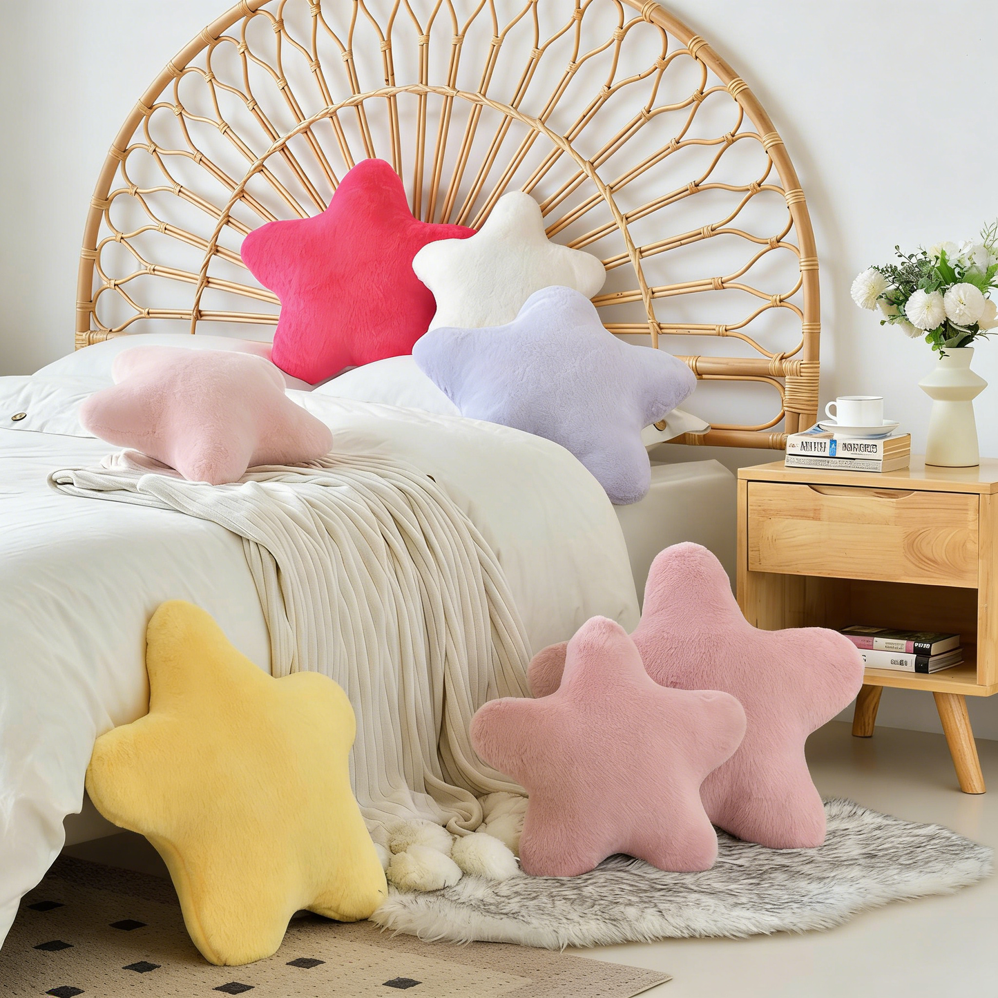 Star Shaped Fuzzy Plush Pillow – Soft Fluffy Throw Pillow for Sofa, Bed & Kids’ Room Decor