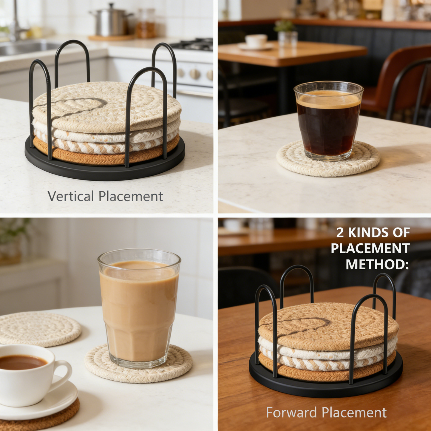 Cotton Woven Drink Coasters Set with Metal Holder – 4.3 Inch Absorbent Coasters for Coffee Table