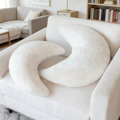 Moon Shaped Fuzzy Plush Pillow – Soft Fluffy Crescent Throw Pillow for Sofa, Bed & Nursery Decor