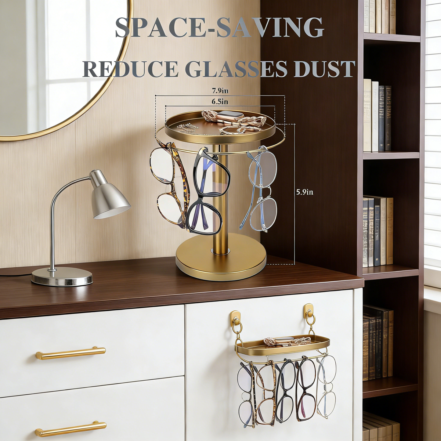 360° Rotating Sunglasses Organizer with Jewelry Tray – Gold Metal Eyeglasses Storage Stand