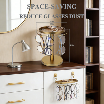 360° Rotating Sunglasses Organizer with Jewelry Tray – Gold Metal Eyeglasses Storage Stand