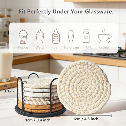 Cotton Woven Drink Coasters Set with Metal Holder – 4.3 Inch Absorbent Coasters for Coffee Table