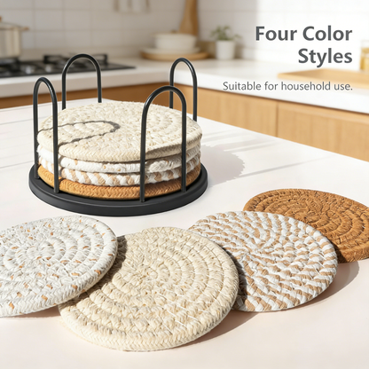 Cotton Woven Drink Coasters Set with Metal Holder – 4.3 Inch Absorbent Coasters for Coffee Table