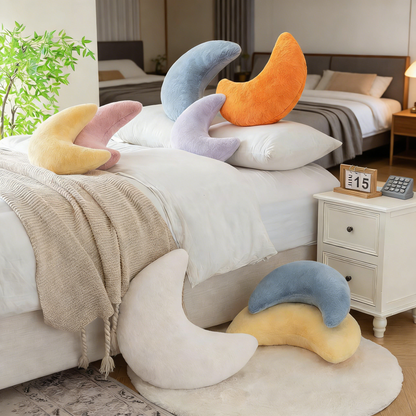 Moon Shaped Fuzzy Plush Pillow – Soft Fluffy Crescent Throw Pillow for Sofa, Bed & Nursery Decor