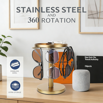360° Rotating Sunglasses Organizer with Jewelry Tray – Gold Metal Eyeglasses Storage Stand