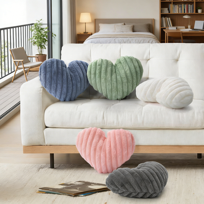 Heart Shaped Ribbed Plush Pillow – Fluffy Fuzzy Throw Pillow for Sofa, Bed & Valentine's Decor